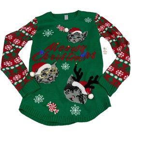 No Boundaries Kitty Cat Ugly Christmas Sweater Light Up Lights